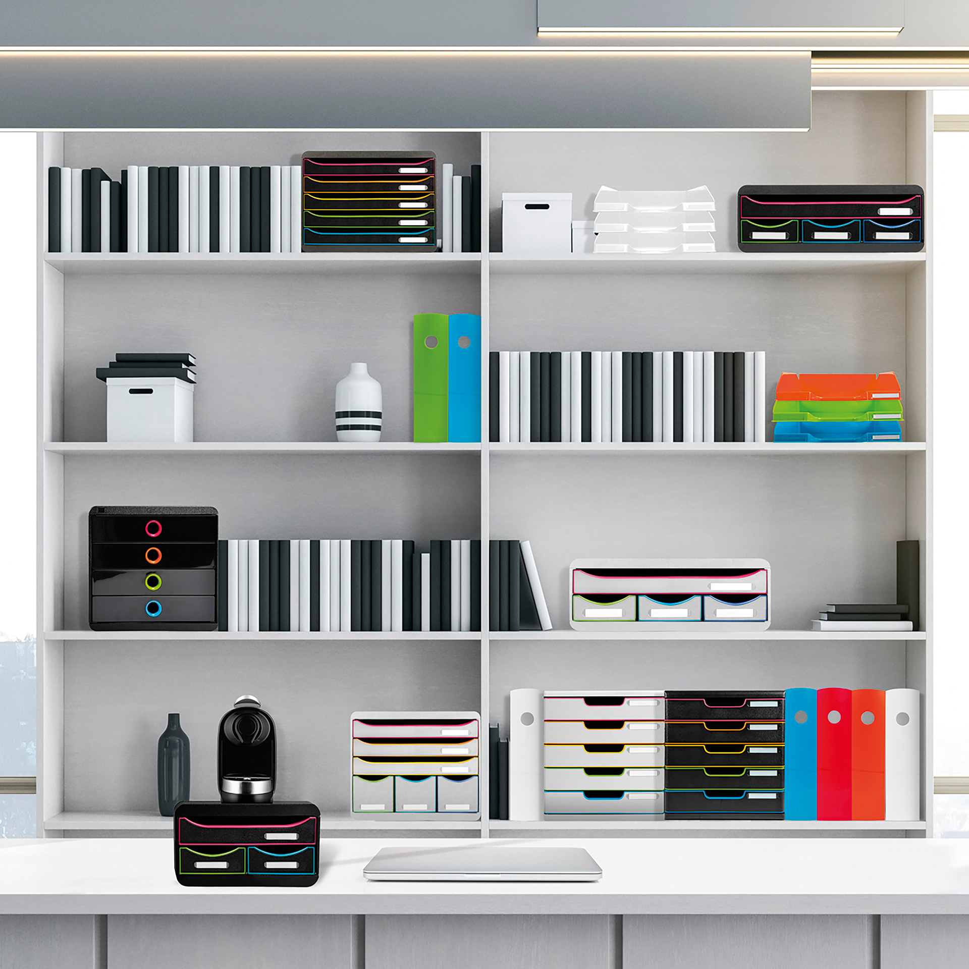 Schubladen-Box A4 "Regenbogen", Kunststoff mit 5 Schüben Schubladen-Box A4 "Regenbogen", Kunststoff mit 5 Schüben