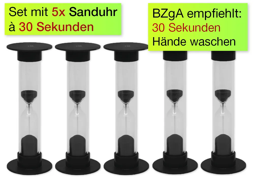 Sanduhren-Set 5-tlg., 10cm hoch, 2,5cm ø "Handwasch-Zeit 30 Sekunden"